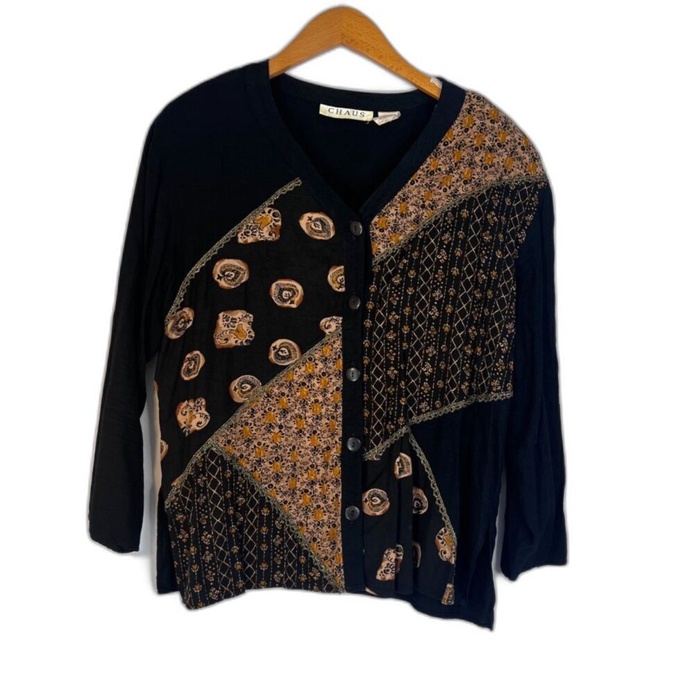 Chaus Black Mixed Print Patchwork Patchy‎ Button Front Vneck Blouse Size 6